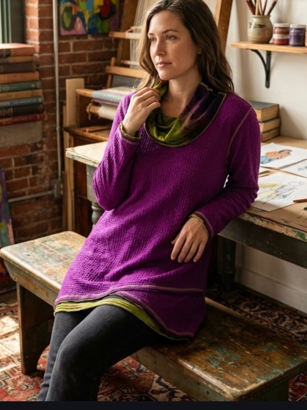 Parsley & Sage Purple Textured Cowl Neck Asymmetrical Tunic Top M Artsy Boho